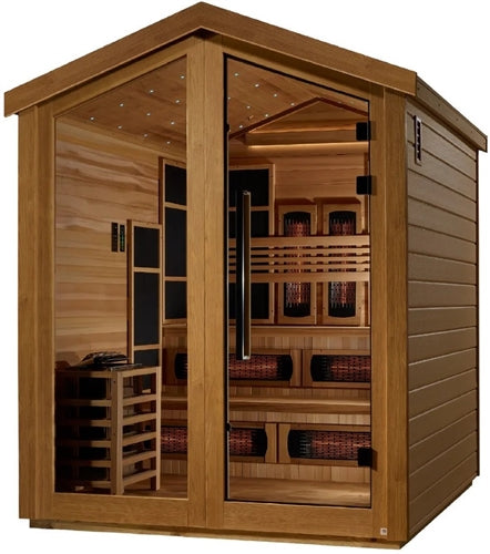 Golden Designs GDI-8526-01 Kaskinen 6 Person Hybrid (PureTech Full Spectrum IR or Traditional Stove) Outdoor Sauna - Canadian Red Cedar Interior (New)