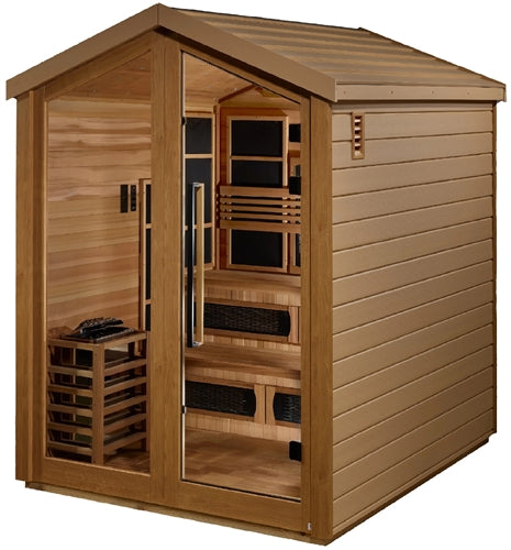 Golden Designs GDI-8526-01 Kaskinen 6 Person Hybrid (PureTech Full Spectrum IR or Traditional Stove) Outdoor Sauna - Canadian Red Cedar Interior (New)