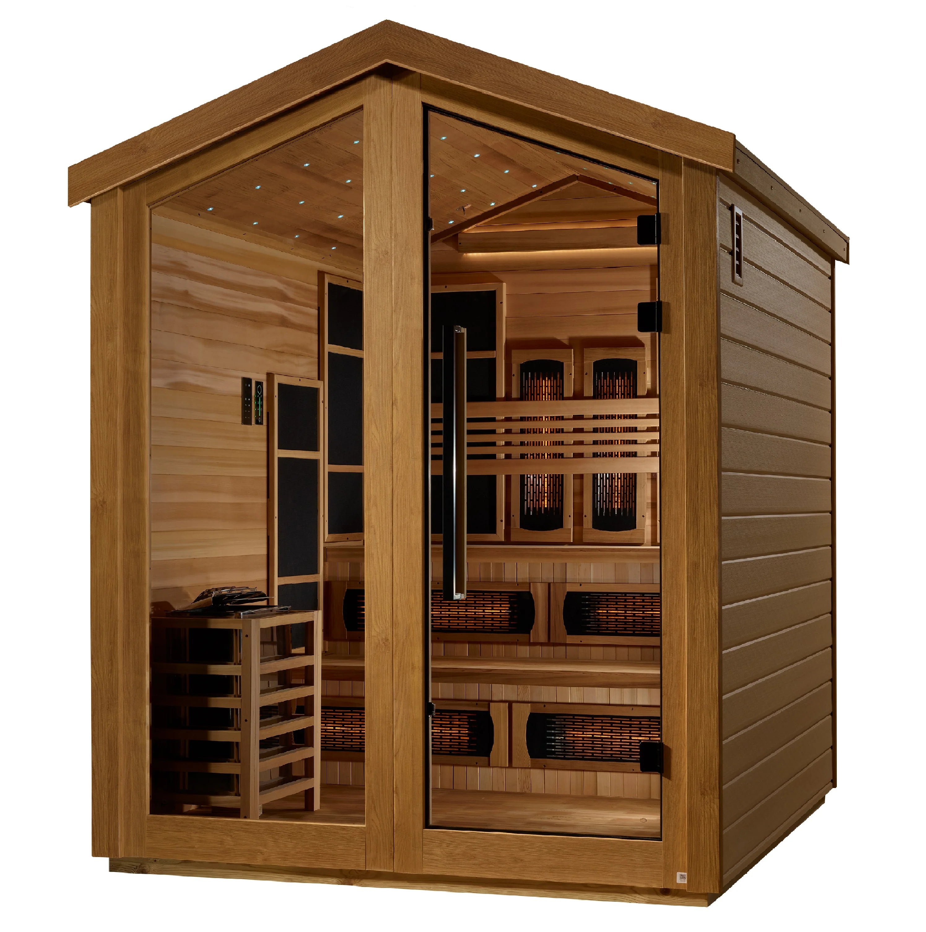 Golden Designs GDI-8526-01 Kaskinen 6 Person Hybrid (PureTech Full Spectrum IR or Traditional Stove) Outdoor Sauna - Canadian Red Cedar Interior (New)