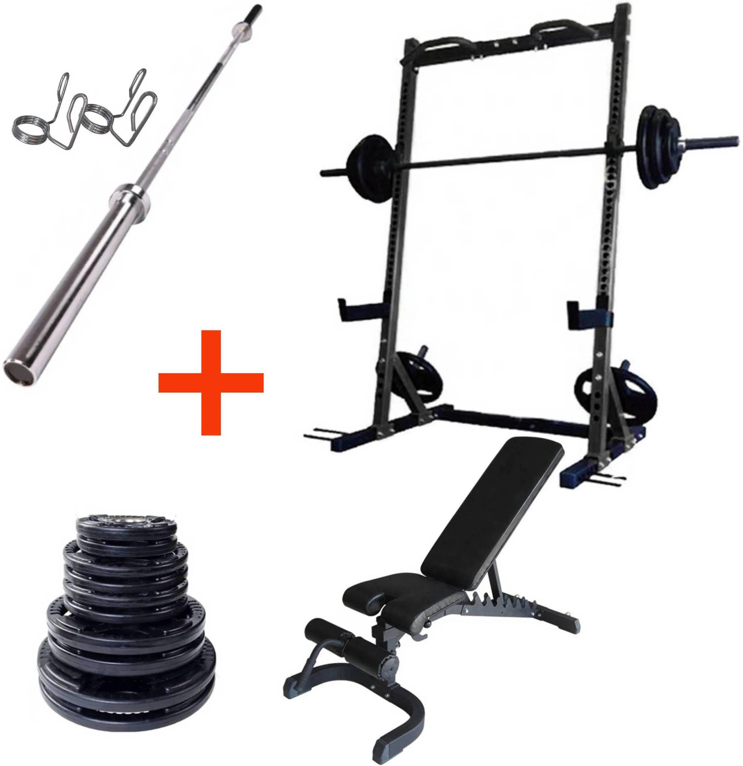 French Fitness Rubber Grip Weight Plate Set w/7 ft Bar 235 lbs + Rack + Bench (New)