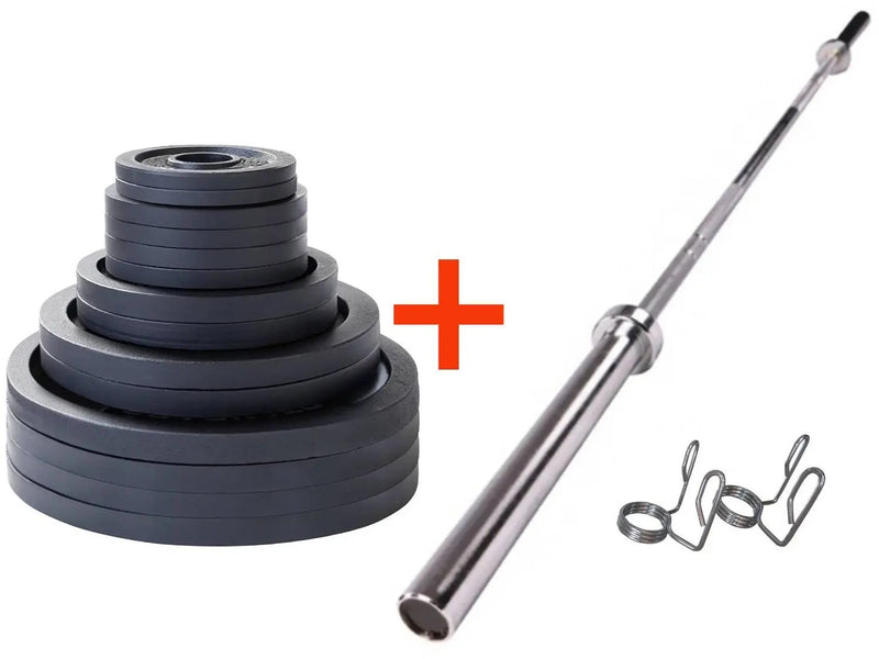French Fitness Cast Iron Olympic Weight Plate V1 Set w/7 ft Olympic Bar 395 lbs (New)