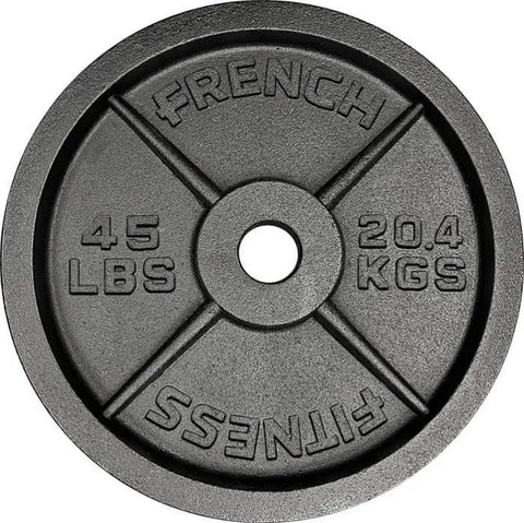 French Fitness Cast Iron Olympic Weight Plate V1 Set w/7 ft Olympic Bar 395 lbs (New)