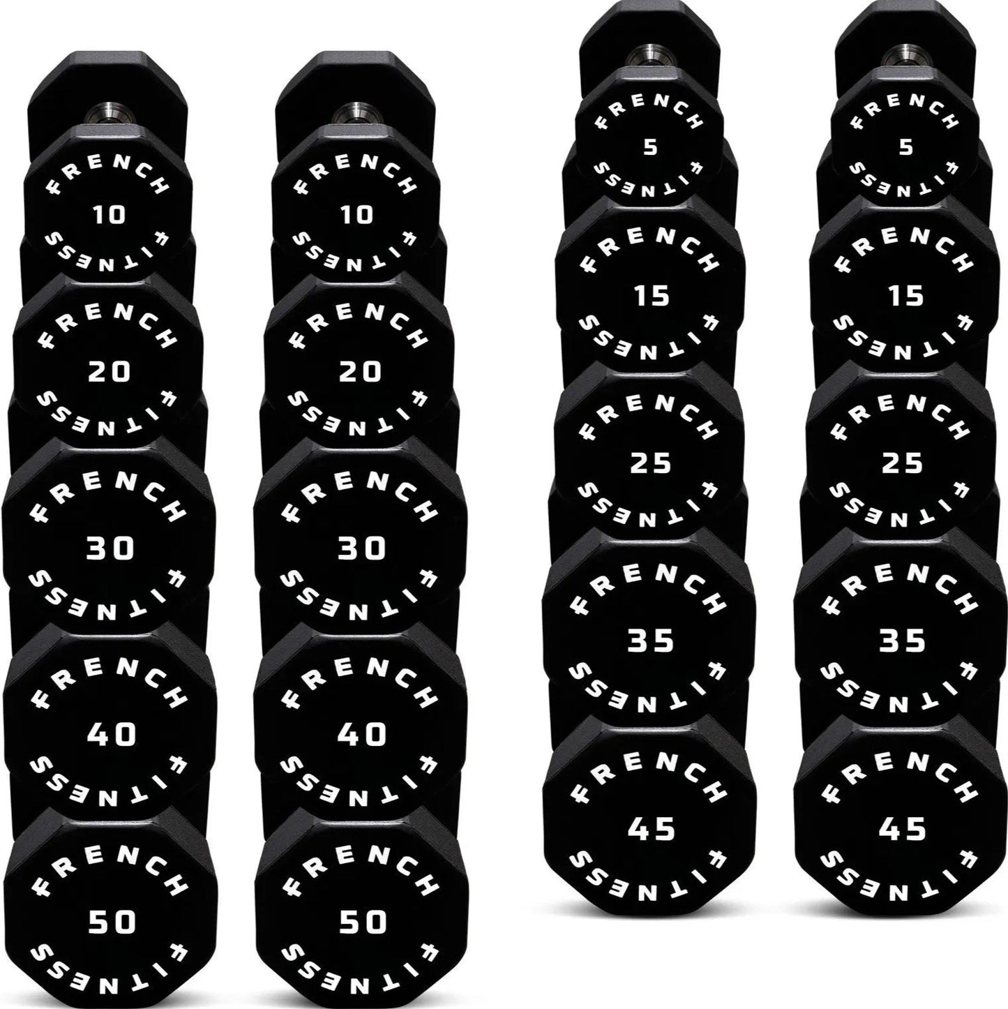French Fitness Urethane 8 Sided Hex Dumbbell Set, 5-50 lbs (New)