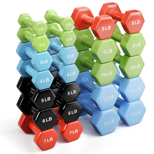 French Fitness Colorful Hex Vinyl Dumbbell Set of 1 to 15 lbs (New)