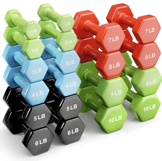 French Fitness Colorful Hex Vinyl Dumbbell Set of 1 to 10 lbs (New)