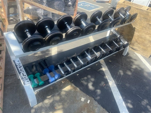 Maxicam 2 Tier Saddle Dumbbell Rack w/5-50 Ivanko Dumbbell Set - 9 Pairs "As is"